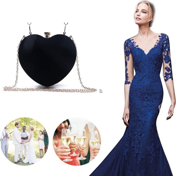 Womens Heart Shape Evening Bag Purse Velvet Party Tote Mini Handbag Clutch Chain - Picture 6 of 6